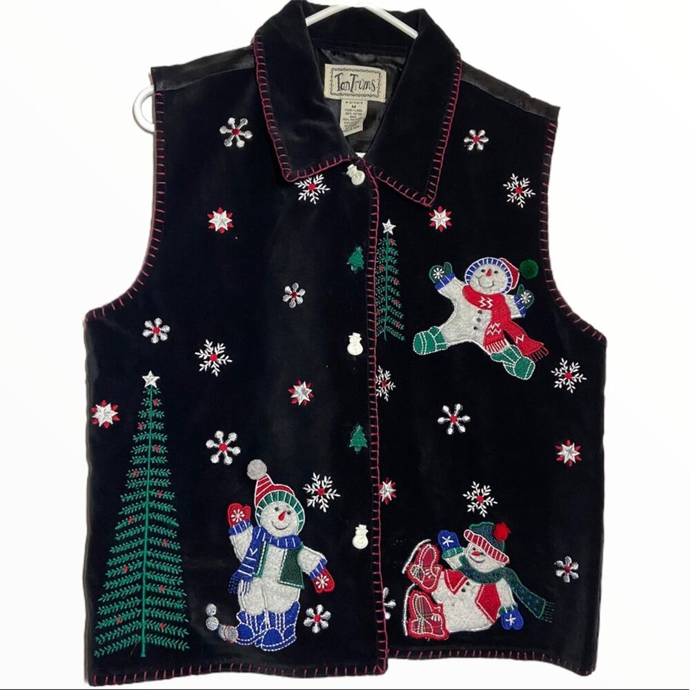 Tantrums Christmas Vest Velvet Button Collared Tree Snowflakes Snowmen Black M